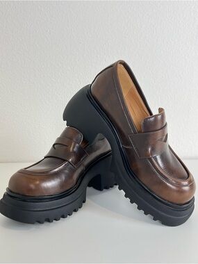 Dwarves Chunky Cowhide Penny Loafers Platform Lug Sole Slip On Preppy Shoes 5